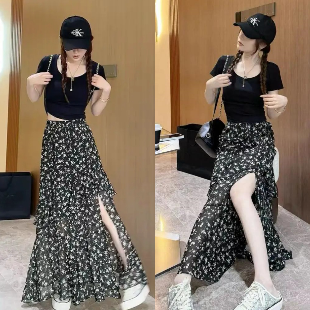 フレンチレトロフリルスリット花柄スカート（レディース）2025年春夏 不規則なスリムミドル丈シフォンスカート