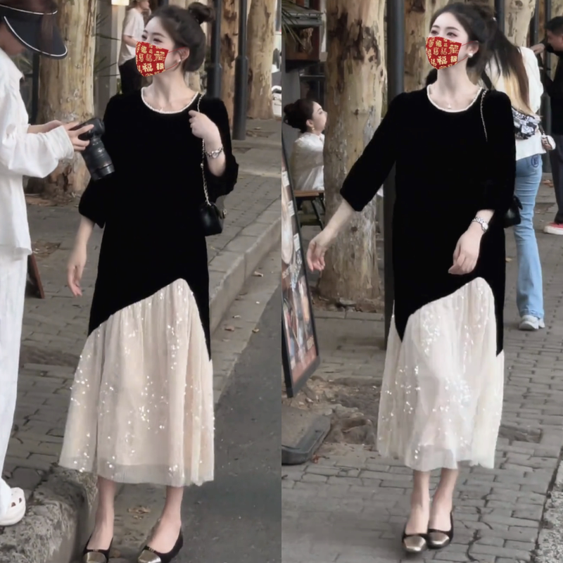 French-Style High-End Black Velvet Dress for Women, 2026 Summer Hepburn-Style Patchwork Sequin Mesh Long Dress French-Style High-End Black Velvet Dress for Women, 2026 Summer Hepburn-Style Patchwork Sequin Mesh Long Dress