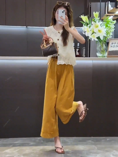 今年流行的夏装套装镂空无袖上衣阔腿裤小个子显高时尚减龄两件套