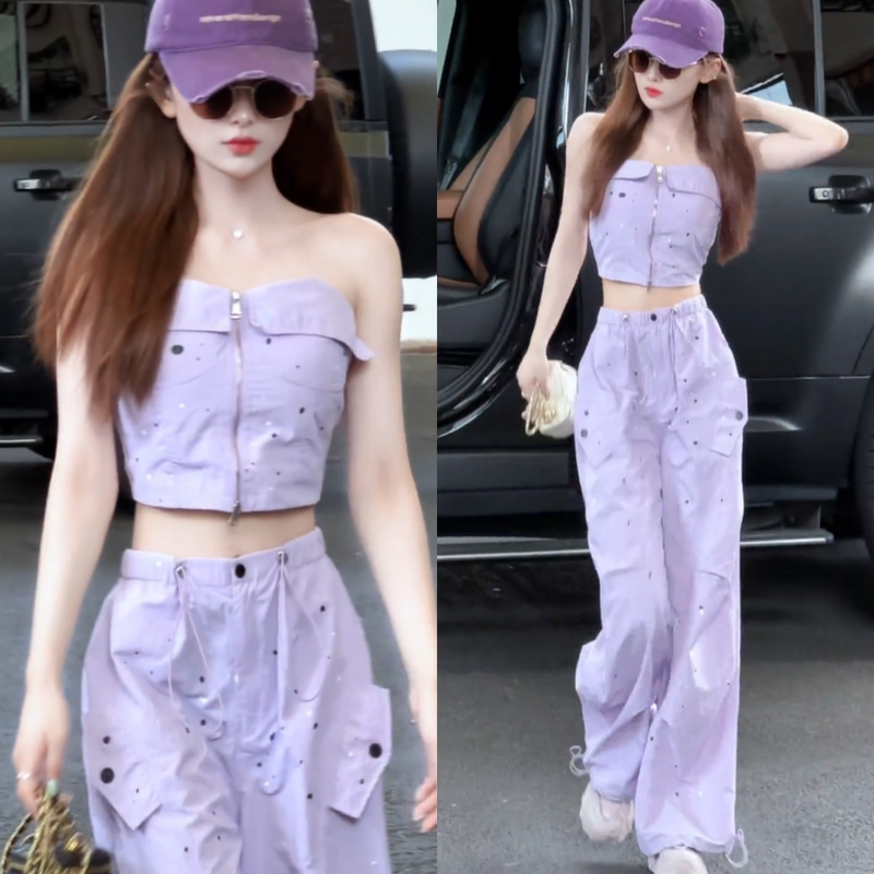 Trendy and Stylish Sweet-Cool Girl Workwear Style Suit for Women, Summer Camisole and Wide-Leg Pants, Salt-Style Street Fashion Two-Piece Set
