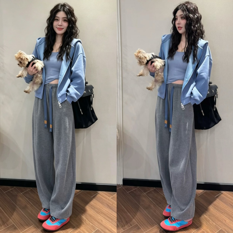 Autumn and Winter Ootd Relaxed Style Outfit Set Korean Style Lazy Style Hooded Sweatshirt Jacket Base Shirt Sweatpants Three-Piece Set