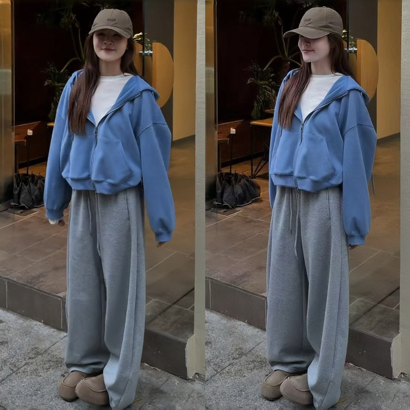 2026 Autumn and Winter Complete Outfit Korean Style High-End Fashion Casual Hooded Sweatshirt Jacket Wide-Leg Sweatpants Set