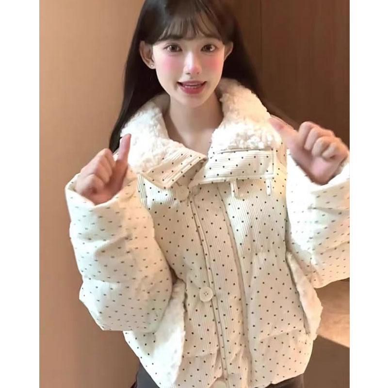 H2An1 Studio Polka Dot down Jacket for Women, White Duck Down, Thick Corduroy, Loose Fit, Short Winter Coat