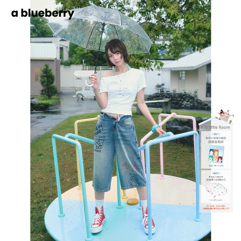 Co-Branded Series Ablueberry×Scrawled Puppy Liu Jiaxi Same Style Graffiti American Retro Denim Mid-Length Shorts for Women Co-Branded Series Ablueberry×Scrawled Puppy Liu Jiaxi Same Style Graffiti American Retro Denim Mid-Length Shorts for Women