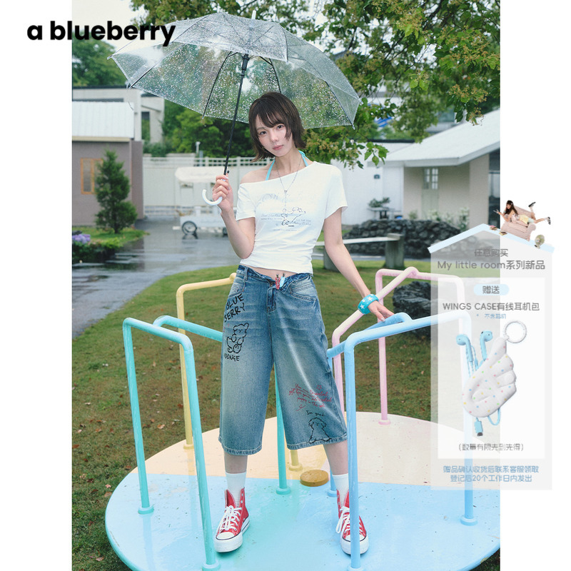 Liu Jiaxi's Same Collaboration Series Abblueberry×Scrawled Puppy Graffiti American Retro Denim Mid-Length Shorts for Women Liu Jiaxi's Same Collaboration Series Abblueberry×Scrawled Puppy Graffiti American Retro Denim Mid-Length Shorts for Women