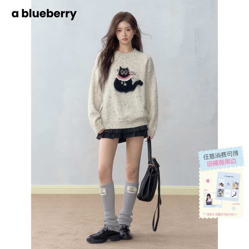 Ablueberry & Lazy Cute Jacquard Cat Fleece-Lined Thick Sweater for Women Autumn and Winter Korean Style Wool Sweater