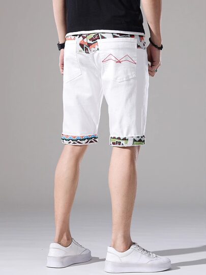 French high-end embroidered white denim shorts men's slim stretch 2024 summer thin medium pants casual five points