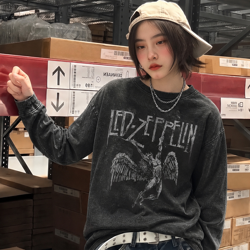 Zeppelin Band Fallen Angels Washed Vintage Long-Sleeve T-Shirt for Women, American Retro Rock Loose Top