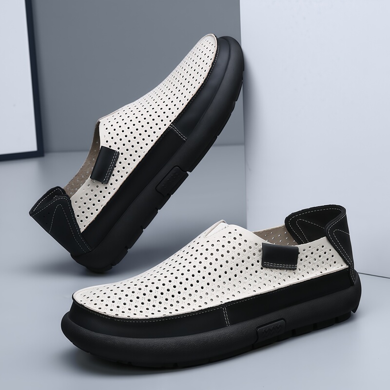 Boss Niu's Handmade Shoes, Summer Perforated Breathable Slip-On Soft-Soled Loafers, Lazy Shoes, First-Layer Cowhide Clogs