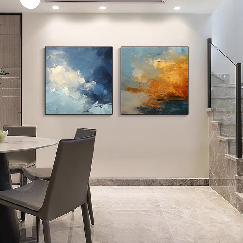 Restaurant Decoration Painting Light Luxurious Two Couplets Wall Wall Blue Hanging Painting Sofa Background Hall Wall Mural Hanging Paintings-Taobao