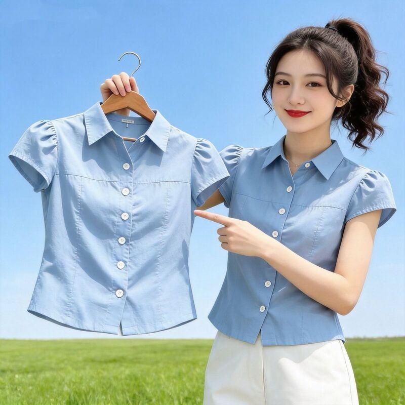 Korean Style Retro Polo Collar Short-Sleeved Shirt for Women, Summer Slim-Fit Design, Niche High-End Style, Elegant Short Top