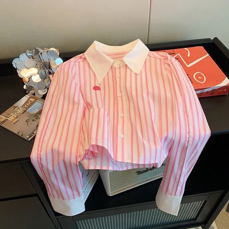 Pink Striped Polo Collar Short Shirt for Women, Spring and Autumn, Unique Design, Youthful, Versatile, Elegant Long-Sleeve Shirt