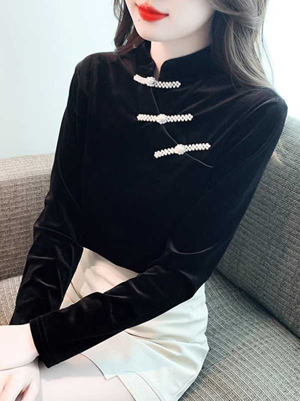 New Chinese-Style Improved Cheongsam Black Velvet Shirt for Women, Autumn Vintage Elegant Beaded Stand Collar Long-Sleeve Top