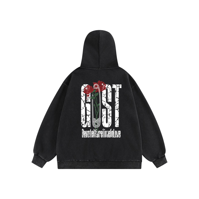 Gost Basic Letter Logo Crackle Print Trendy Brand Versatile Fleece-Lined Rose Paperclip Hooded Sweatshirt Jacket