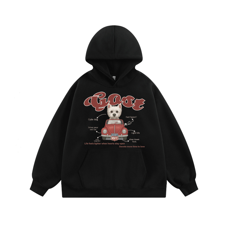 Gost Trendy Brand Car-Themed Dog Hoodie Jacket Casual Loose Fit Couple Style Sweatshirt