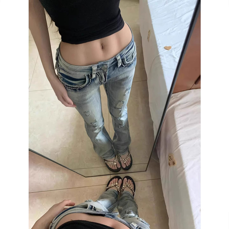American High Street Style Washed and Distressed Low-Rise Flared Jeans for Women, Summer Petite Stretchy Skinny Bell-Bottom Pants
