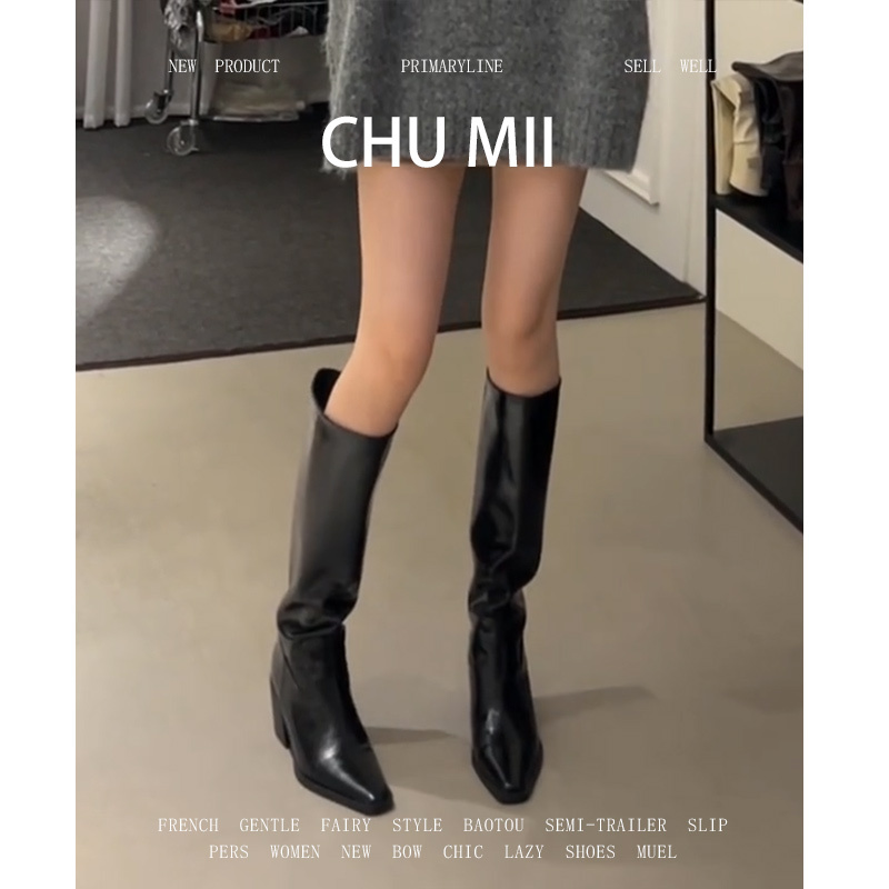 Sheepskin Version ~ Retro Black Long Knight Boots with Square Toe, Chunky Heel, Elastic Slim Boots, Slimming Over-The-Knee Boots for Women