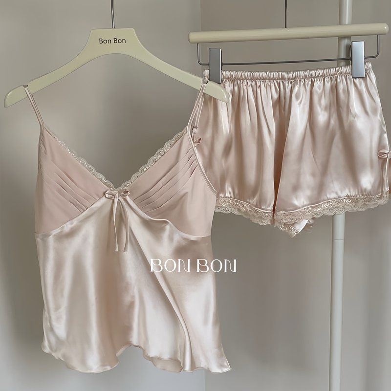Bonbon·Ultra-Textured Champagne-Colored Flowing High-End Pajama Set with Accordion Pleats and Spaghetti Straps for Girls, Summer Loungewear