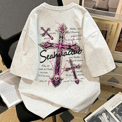100% Pure Cotton American High Street Cross Print Short-Sleeve T-Shirt, Unisex, New Trendy Brand Loose Top ins