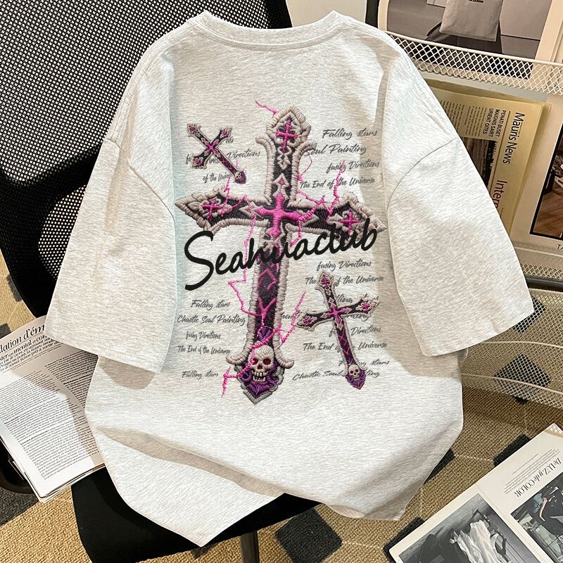 100% Pure Cotton American High Street Style Cross Print Short-Sleeve T-Shirt Unisex New Trendy Brand Loose Top Ins