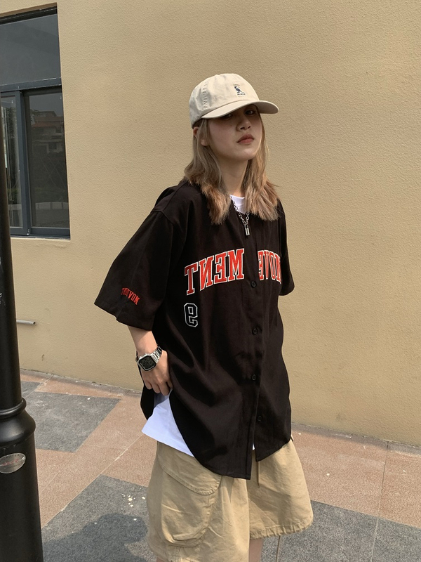 Summer Japanese Retro Short-Sleeved Shirt for Women, Trendy Brand Printed American Street Baseball Uniform, Five-Quarter Sleeve Cardigan Shirt Summer Japanese Retro Short-Sleeved Shirt for Women, Trendy Brand Printed American Street Baseball Uniform, Five-Quarter Sleeve Cardigan Shirt