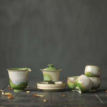 Jingdezhen Kiln-Fired Soda-Glazed Qingshan Dai Tea Set, Pure Handmade Ceramic Tea Cups, Jingdezhen High-Temperature Color Glaze for Tea Tasting