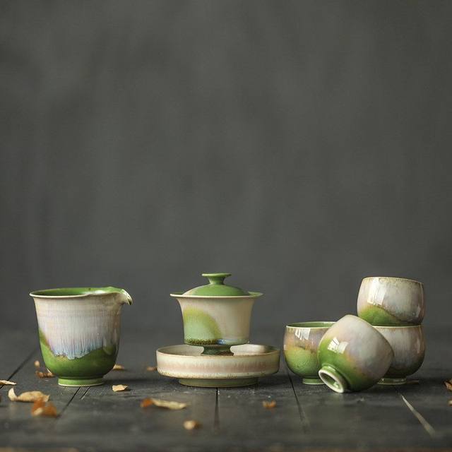 Jingdezhen kiln soda-fired Qingshan Dai tea set pure handmade ceramic tea cup Jingdezhen high temperature color glaze tea