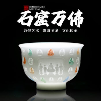 Hand-Painted Jade Porcelain Master Cup with Ten Thousand Buddhas Design, High-End Ceramic Tea Cup for Personal Use by Men and Women