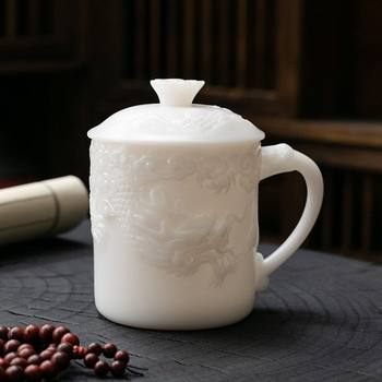 Guo Zhibao Ice-Type Office Cup, Chinese White Ceramic Water Cup, Large Personal Tea Cup with Lid, Tea Set, Embossed Cup, Mug