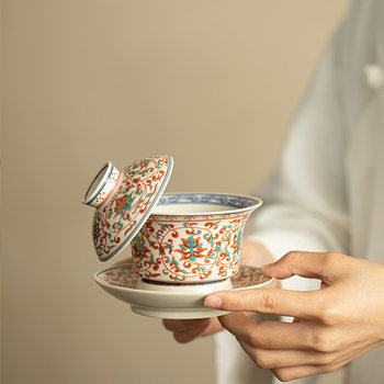 Jingdezhen Pink and White Porcelain Lotus-Patterned Three-Piece Lidded Bowl Set, Ceramic Tea Set, Tea Brewing Bowl, Tea Steeping Bowl, Kung Fu Tea Bowl
