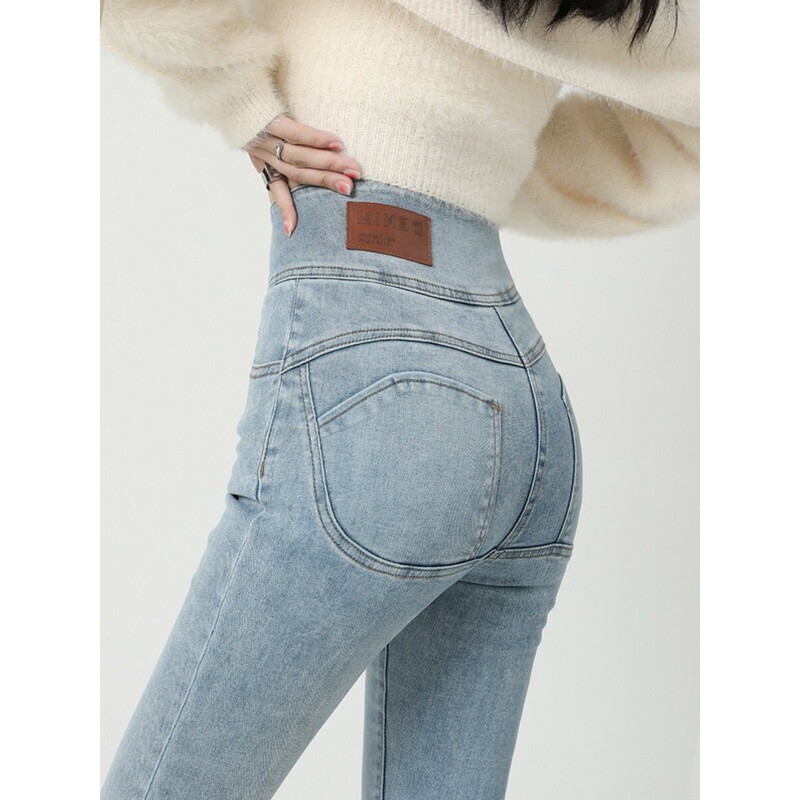 Peach-Colored Jeans for Women, High-Waisted Slim-Fit Pants Suitable for Petite Figures, with Cashmere Lining, Pencil Style, Fall 2026 Peach-Colored Jeans for Women, High-Waisted Slim-Fit Pants Suitable for Petite Figures, with Cashmere Lining, Pencil Style, Fall 2026