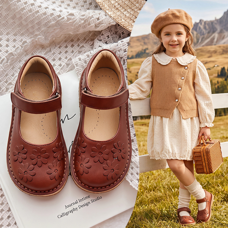 Varkksem Genuine Leather Girls' Leather Shoes with Hollow Flower Decoration, Soft Sole, Comfortable Flat Shoes, Italian Craftsmanship Single Shoes