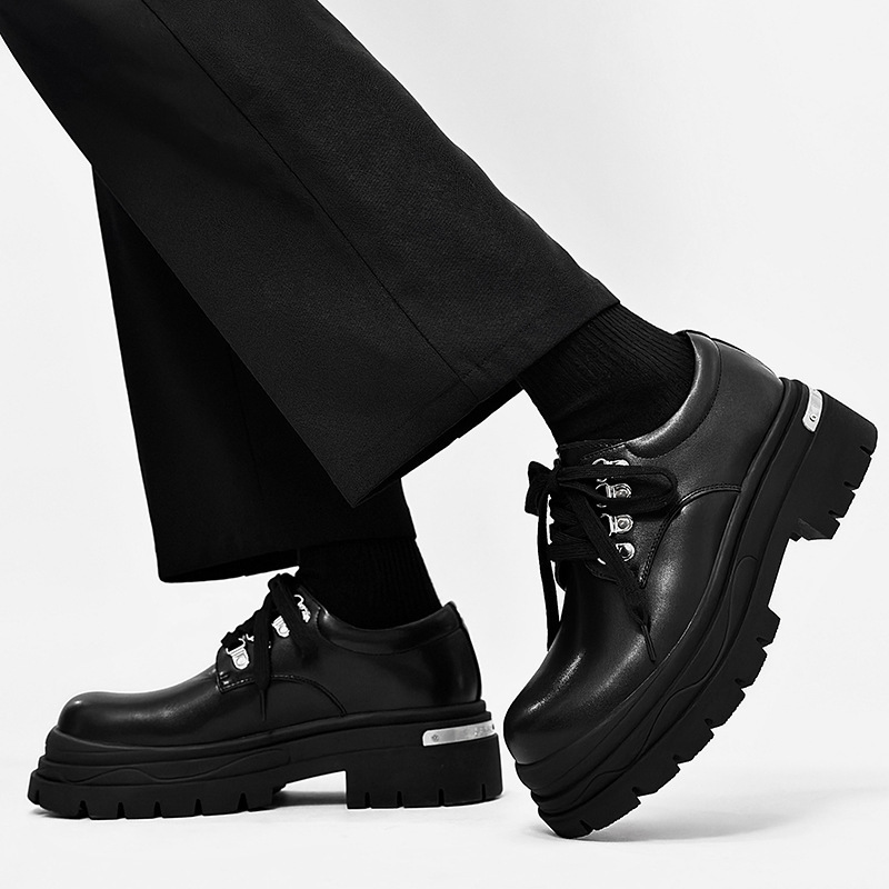 New Casual Derby Shoes for Young People, Thick-Soled, Large-Toe, British Workwear, Yabi Style, Men's Height-Increasing Leather Shoes
