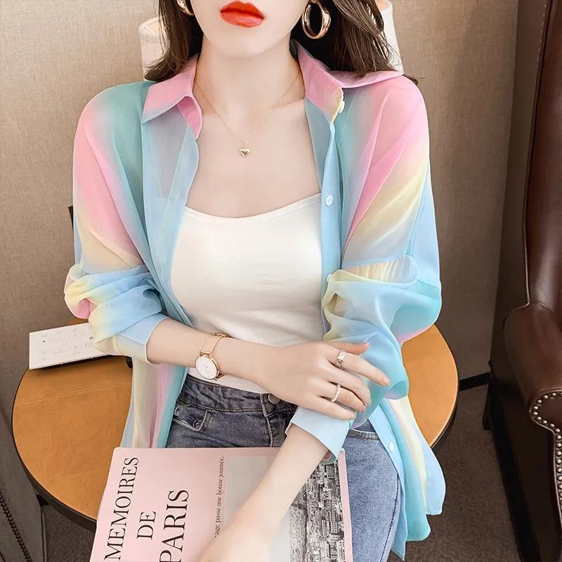 Fresh, Unique, Versatile Summer Fashion Simple Top 2026 New Design Rainbow Print Elegant Shirt