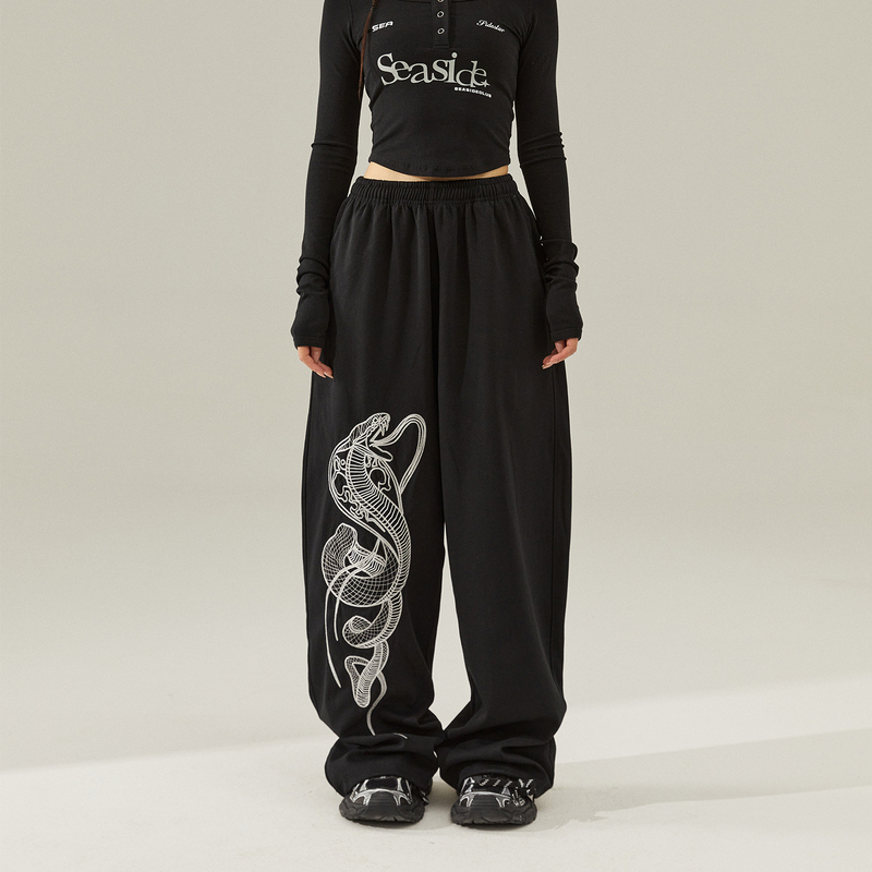 Seasidestar25 Spring and Summer Embroidered Snake Drape Black Sweatpants Jazz Pants Street Dance Trendy Casual Pants