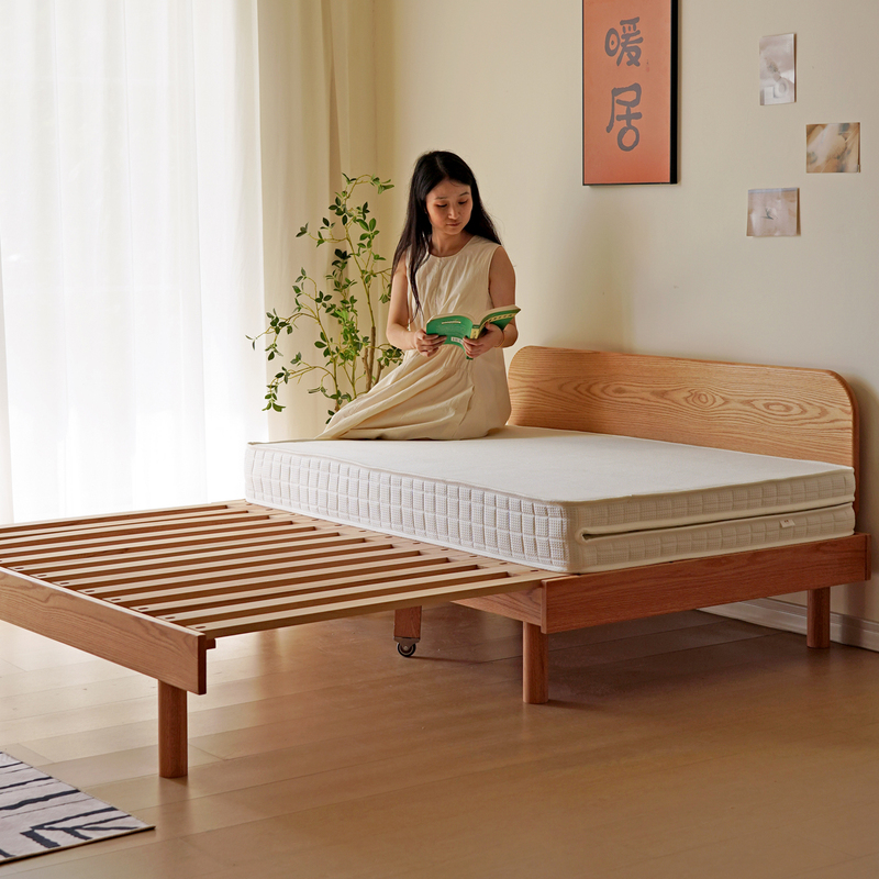 Folding Solid Wood Oak Bed with Pull-Out Feature and Guardrail for Small Apartments, Suitable for Children