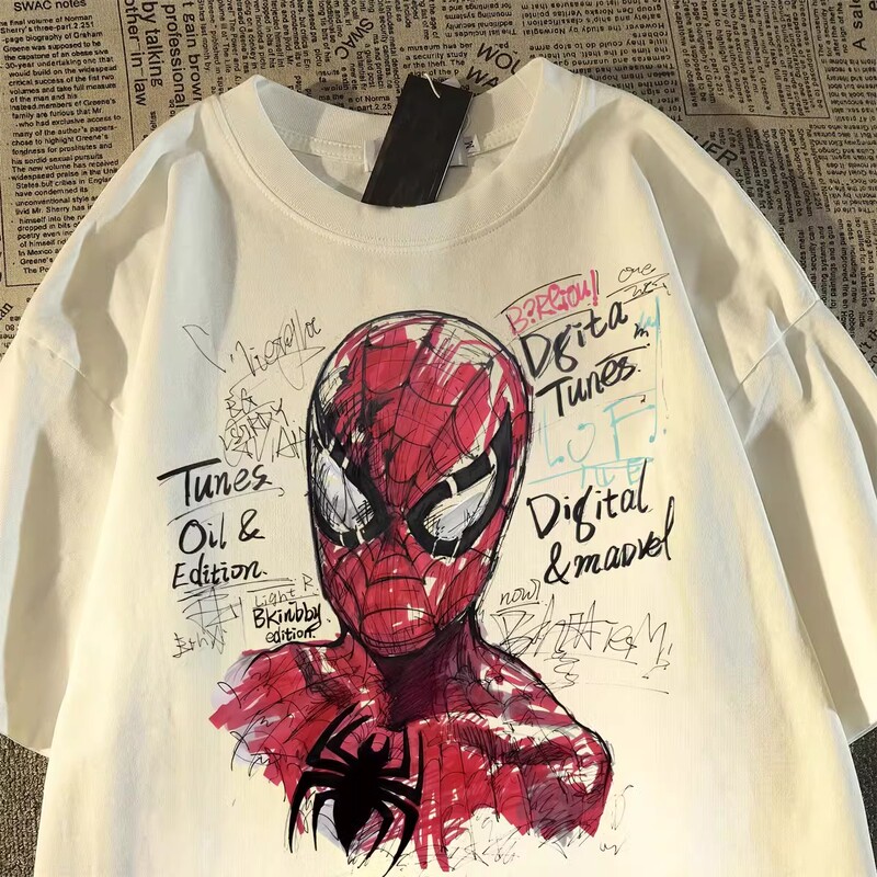 American-Style Spider-Man Print Boys' and Girls' Pure Cotton Short-Sleeved Loose Casual Round-Neck Half-Sleeve T-Shirt for Big Kids