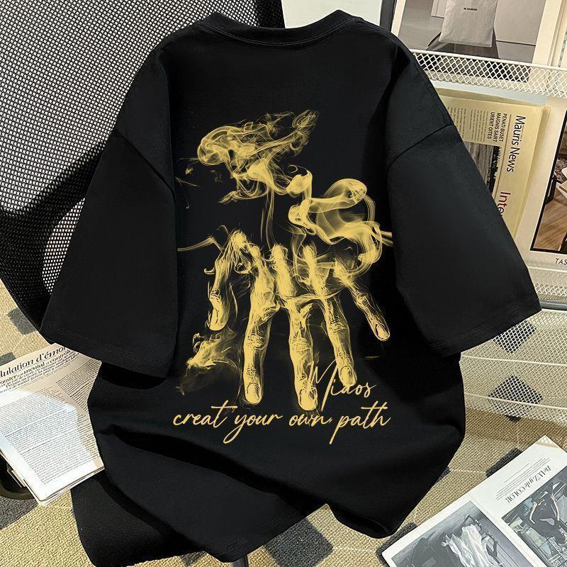 American Retro Finger Letter Print Pure Cotton 100% Short-Sleeved T-Shirt Summer Student High Street Fashion Brand Half-Sleeved Top
