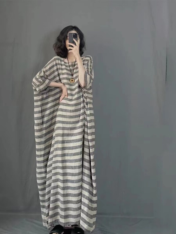 Foreign Trade First-Line Brand Retro Loose Ankle-Length Linen Robe Striped Batwing Sleeve Plus-Size Dress Women's Long Skirt Foreign Trade First-Line Brand Retro Loose Ankle-Length Linen Robe Striped Batwing Sleeve Plus-Size Dress Women's Long Skirt
