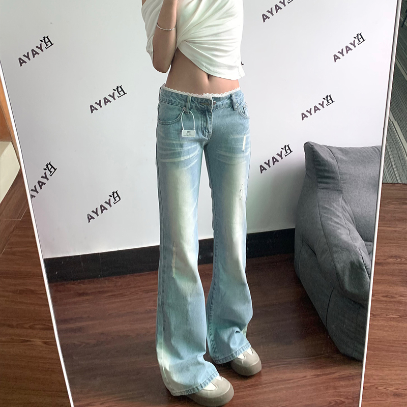 Retro Washed Light-Colored Bootcut Jeans for Women, Spring and Summer New Style, Lace Splicing, Low-Waisted, Loose, Non-Fitting Bell-Bottom Pants