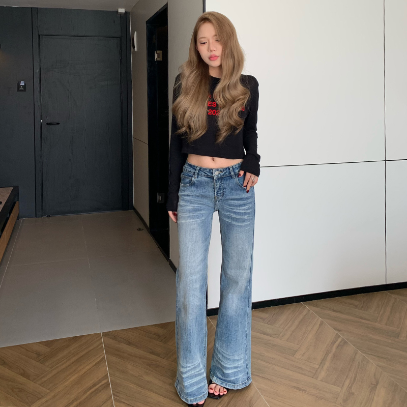 Paponix Washed Low-Waist Flared Jeans for Women, New Summer Style, Light-Colored, Fashionable and Versatile, Slub Pattern Straight-Leg Pants Paponix Washed Low-Waist Flared Jeans for Women, New Summer Style, Light-Colored, Fashionable and Versatile, Slub Pattern Straight-Leg Pants