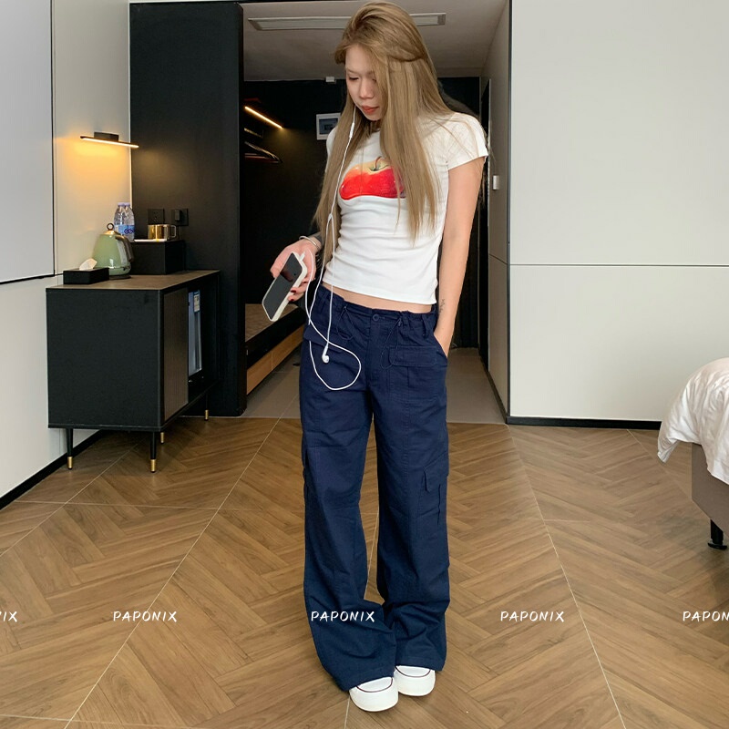 Paponix American Retro Low-Waist Straight Casual Pants for Women, Summer Thin Multi-Pocket Loose Cargo Long Pants