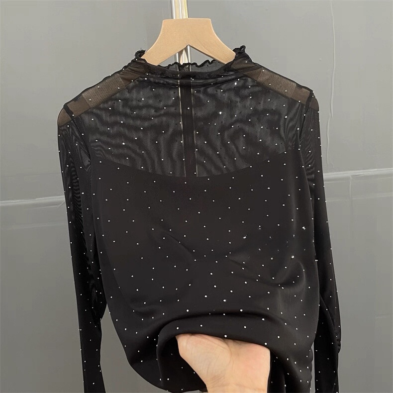 Ruffled Polka Dot Rhinestone Half-High Collar Lace Base Shirt for Women, Stylish and Trendy, Versatile for Spring and Autumn, Hollow Mesh Top Ruffled Polka Dot Rhinestone Half-High Collar Lace Base Shirt for Women, Stylish and Trendy, Versatile for Spring and Autumn, Hollow Mesh Top