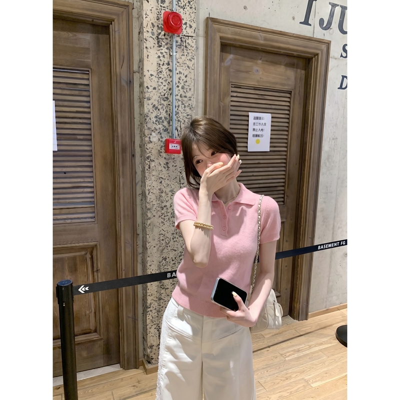 Orumede Korean-Style Girly Pink Polo Collar Knitted Short-Sleeve T-Shirt for Women, Youthful Vibe, Age-Reducing Turn-Down Collar Short Top