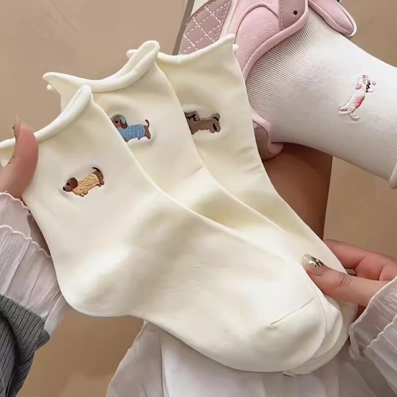 White Curled Socks for Women 2026 New Popular Summer Japanese Cute Cartoon Dachshund Puppy Korean Style Long Socks