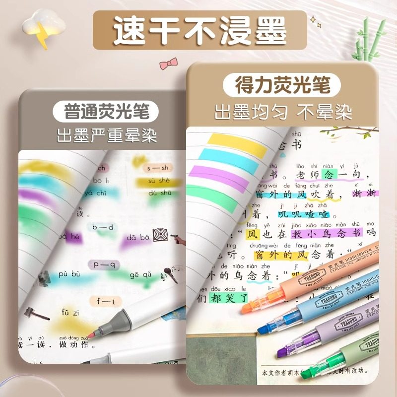 Deli Highlighter Pen for Elementary School Students, Special Highlighter for Highlighting Key Points, Colorful Fluorescent Marker Pen, Eye-Protecting for Middle School Students' Notes