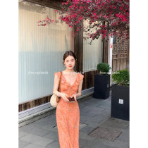 free optimist orange soda summer dress seaside resort style white V-neck floral waist long dress