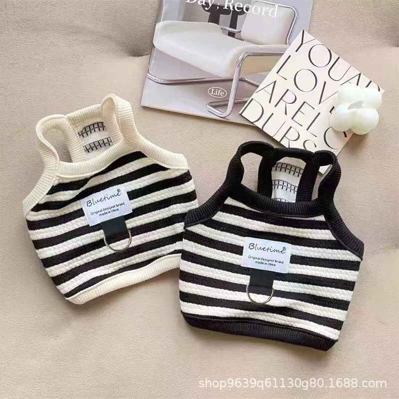 French-Style Pet Clothes for Summer, Teddy, Bichon, Pomeranian Vest, Short Sleeveless Cat Clothes with Anti-Shedding Leash Buckle