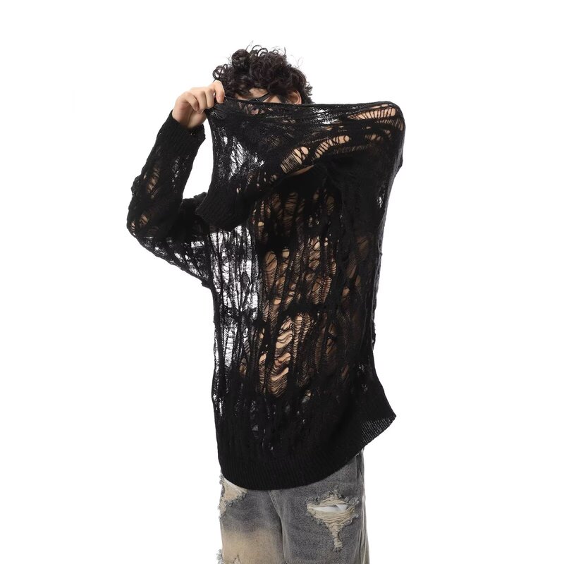 Unique Design Hollow-Out Pullover Sweater for Men, Loose Casual Versatile Lazy Style Ripped Knit Cover-Up Top