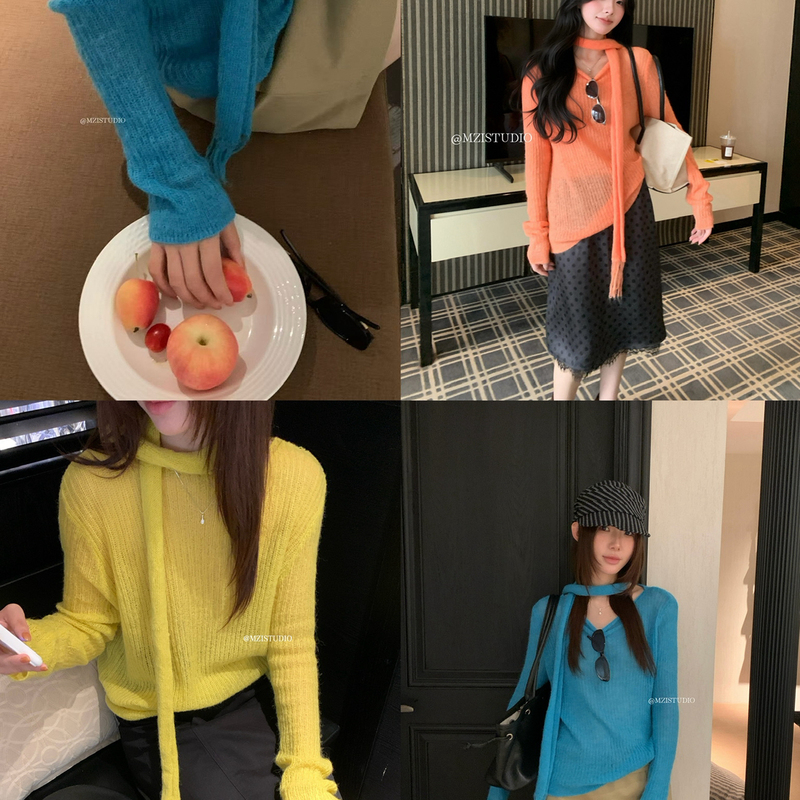 Mzi Studio Autumn Korean Style Simple and Elegant Soft and Relaxed Loose Round Neck Slimming Sweater with Scarf Mzi Studio Autumn Korean Style Simple and Elegant Soft and Relaxed Loose Round Neck Slimming Sweater with Scarf